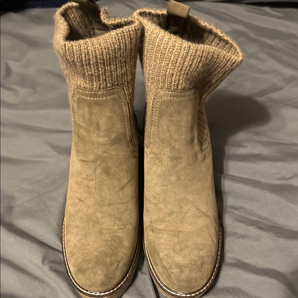 MIA Tan Suede Ankle Booties with Knit Collar